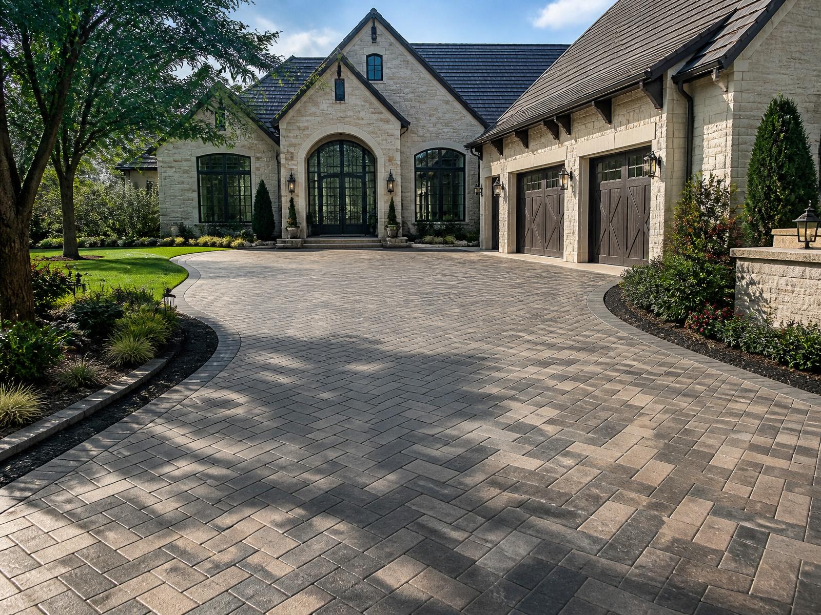 Herringbone paver driveway on Texas luxury home