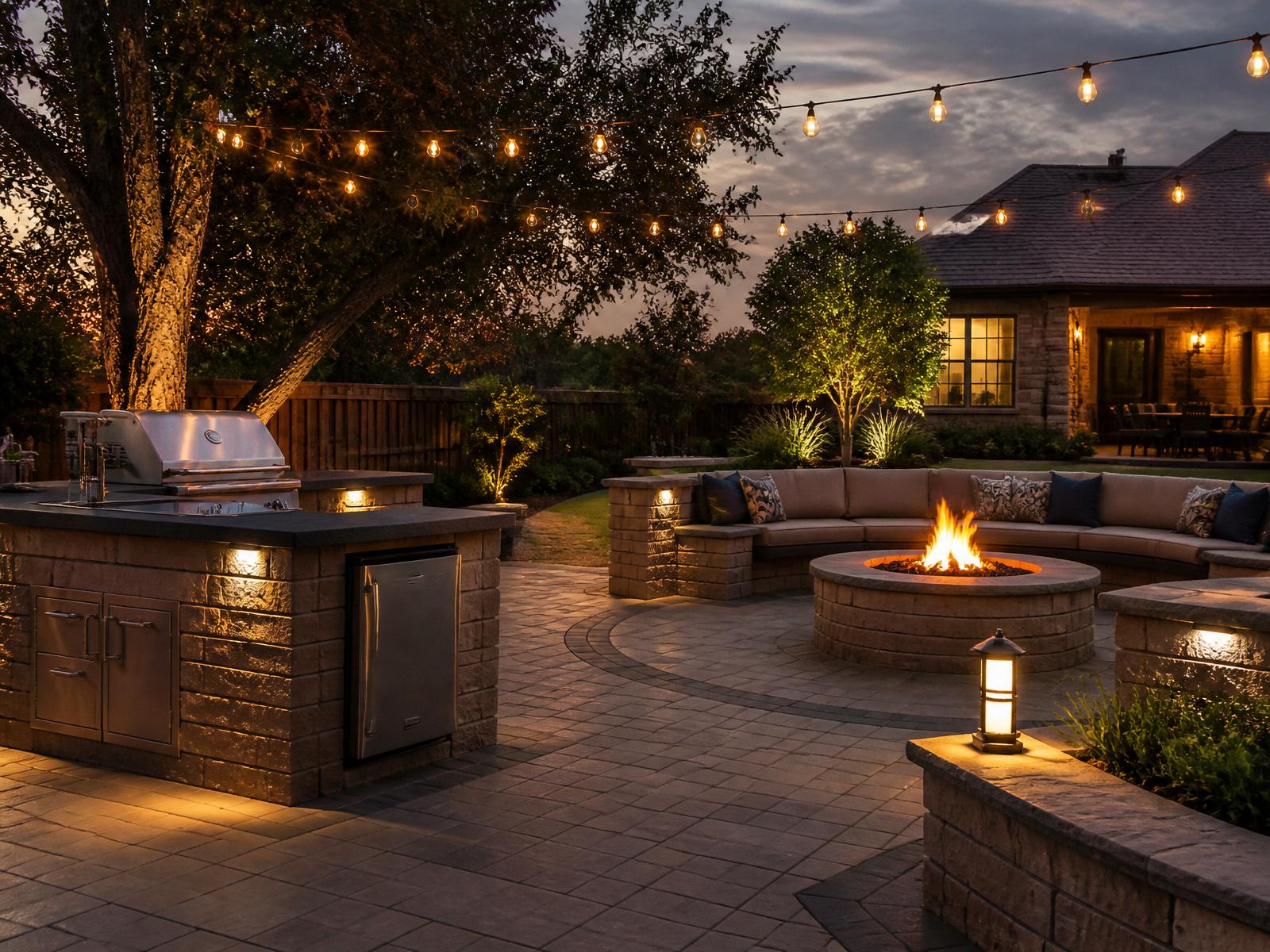 Belgard-style outdoor kitchen and fire pit lounge at dusk