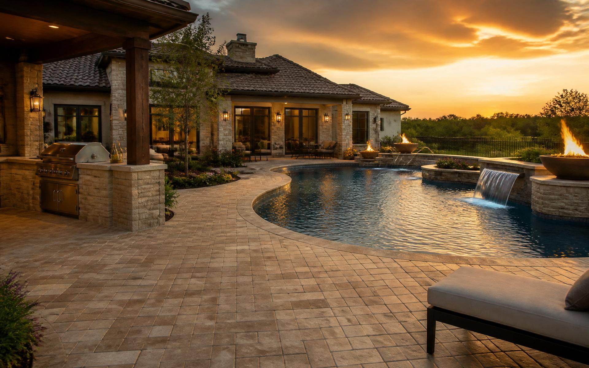 Belgard-style travertine paver pool deck and outdoor kitchen